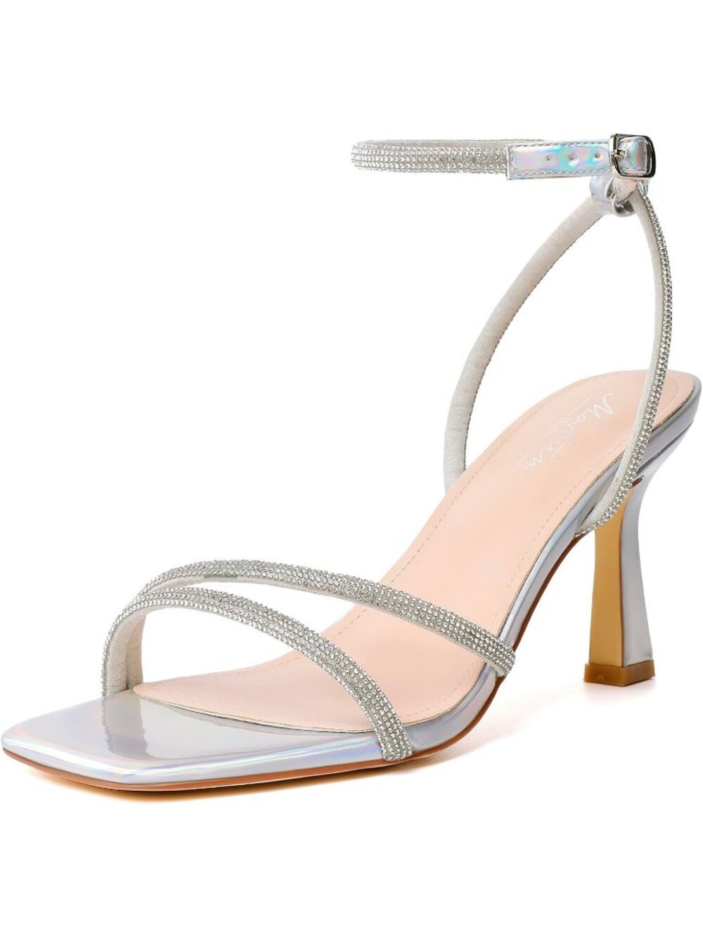 Women Sparkling Silver Ankle Strap Lace Up Heel Square Open Toe High Heel Sandal